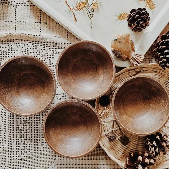 Set of 4 Vintage Dark Brown Faux Wood Salad Bowls By West Bend - Picture 4 of 4